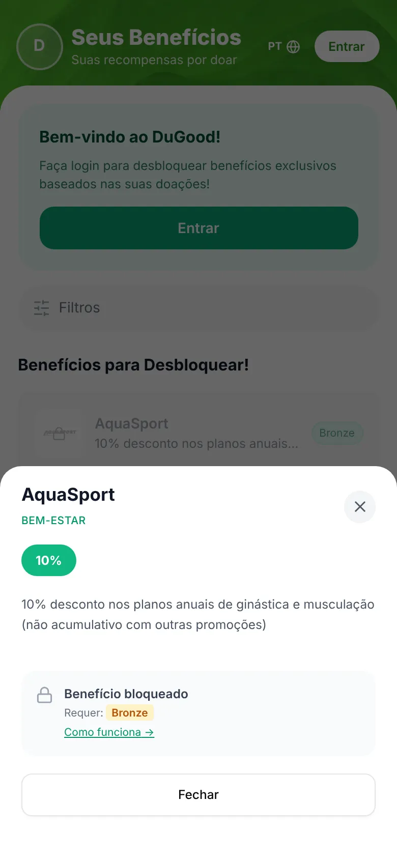 Detalhe de um benefício no app: desconto, categoria e nível exigido
