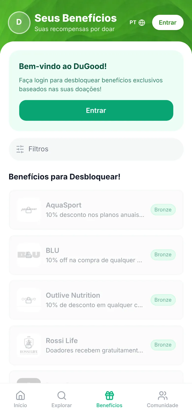 Tela de benefícios do app, com descontos de marcas parceiras
