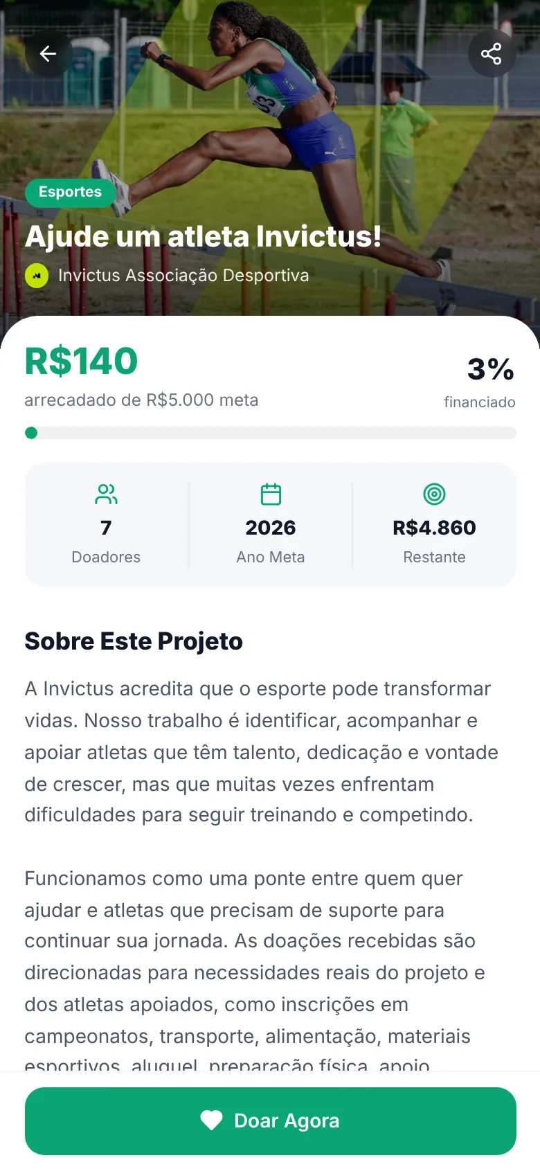 Página de uma causa com meta, valor arrecadado e botão Doar