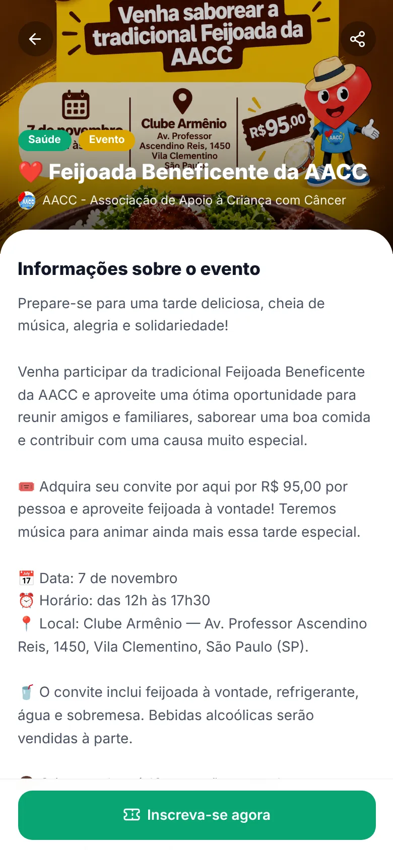 Página de um evento beneficente com inscrição