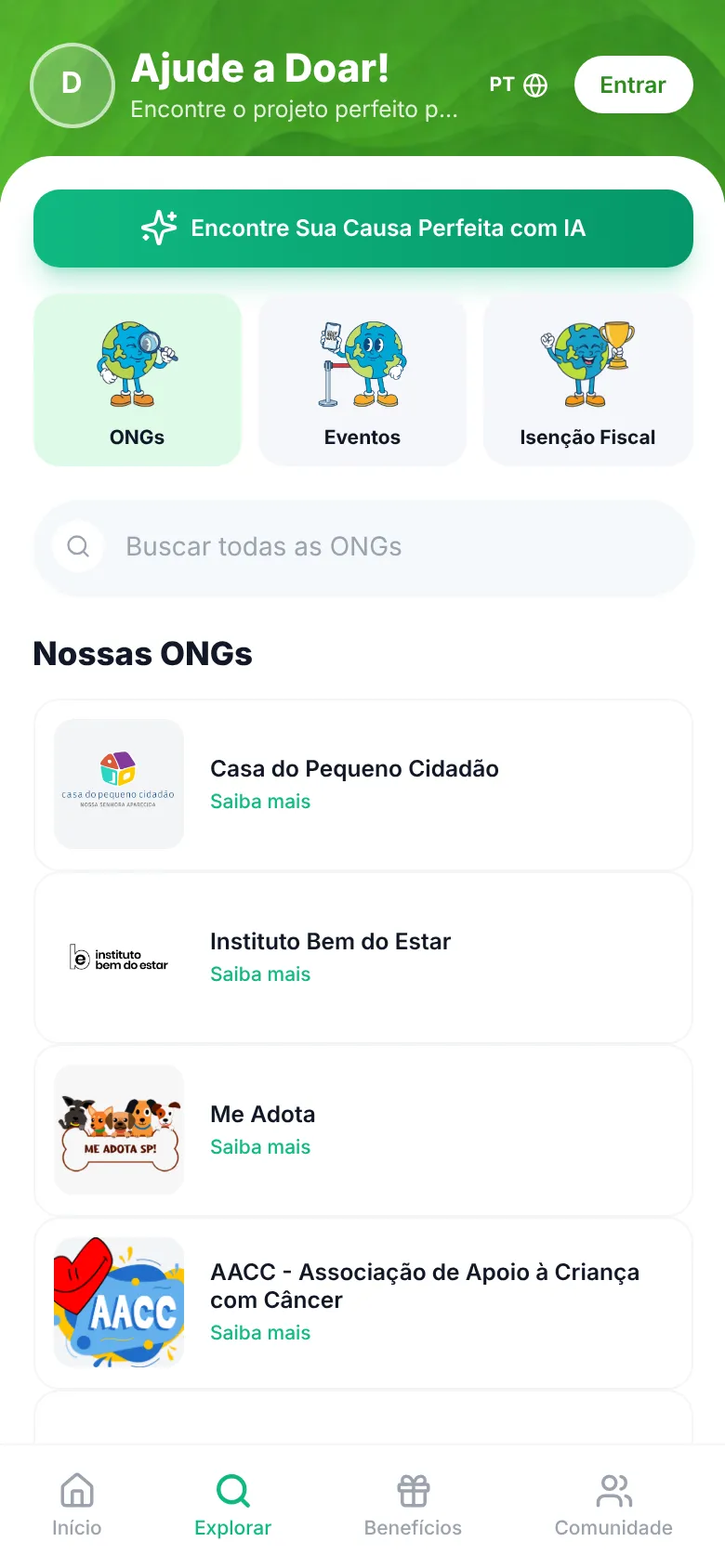 Tela Explorar do app, com a lista de ONGs