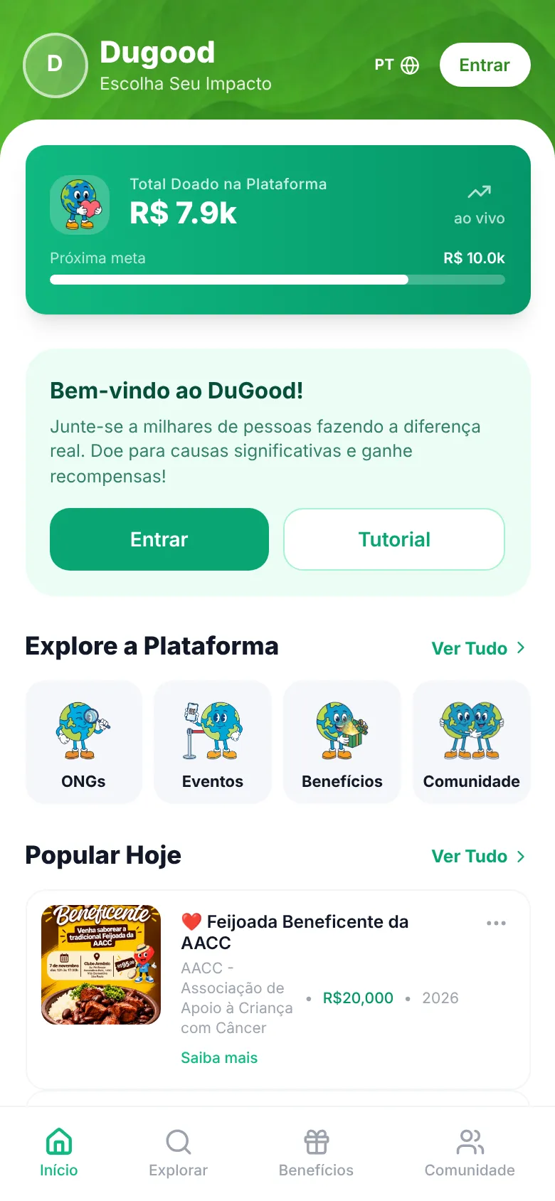 Tela inicial do app DuGood, com o total doado na plataforma e as causas populares