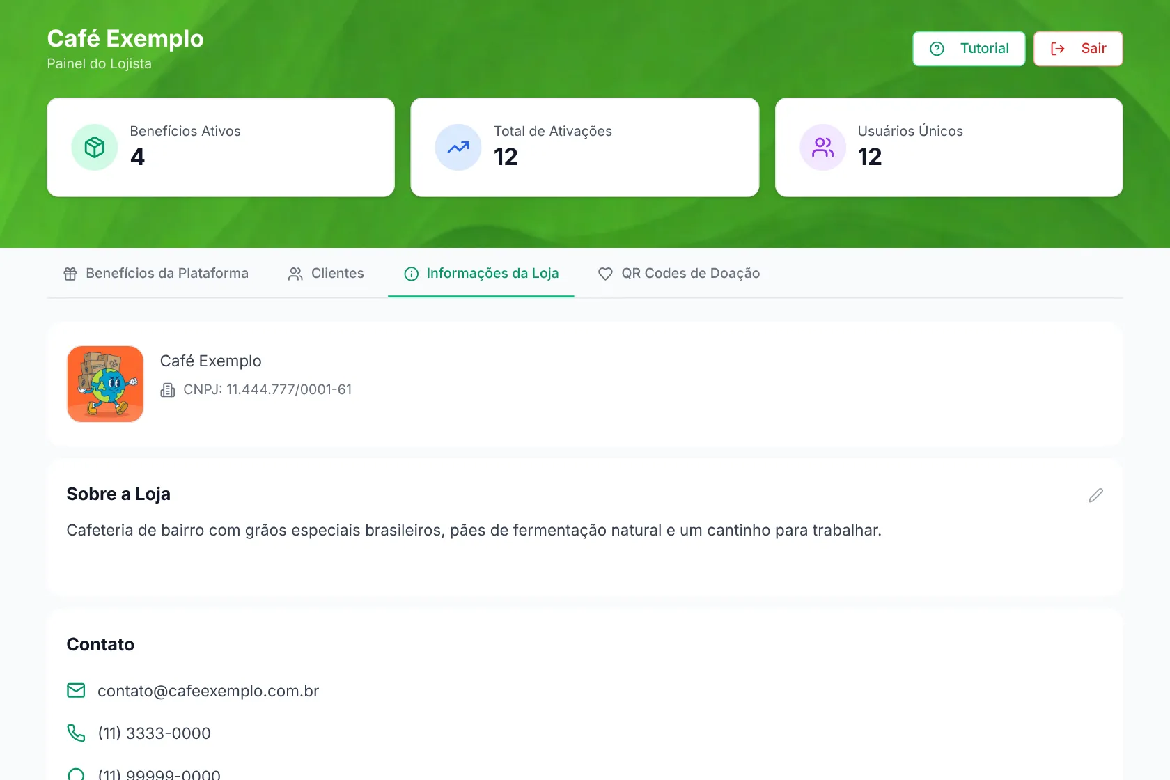Painel do lojista: aba Informações da loja