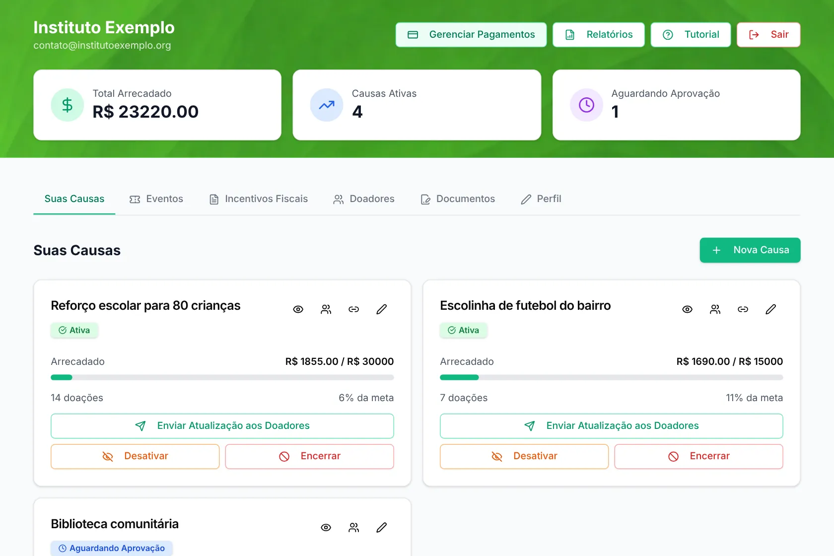 Painel da ONG: aba Suas causas