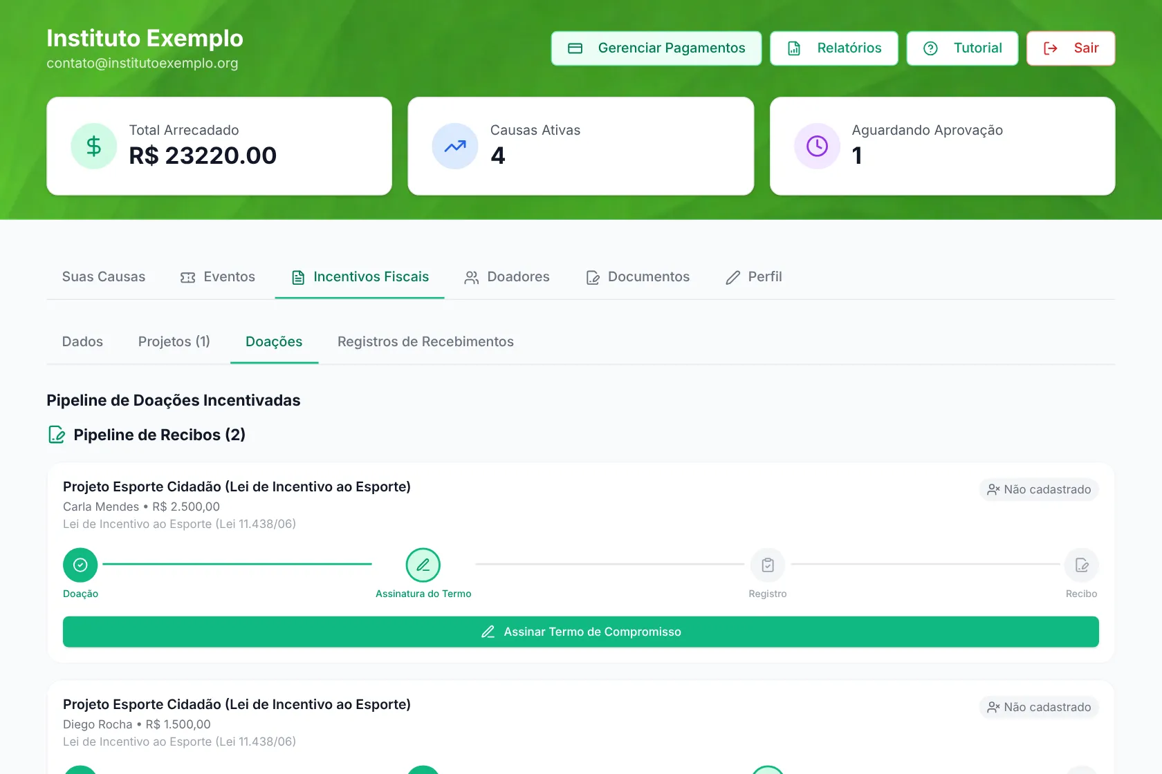 Painel da ONG: aba Incentivos fiscais