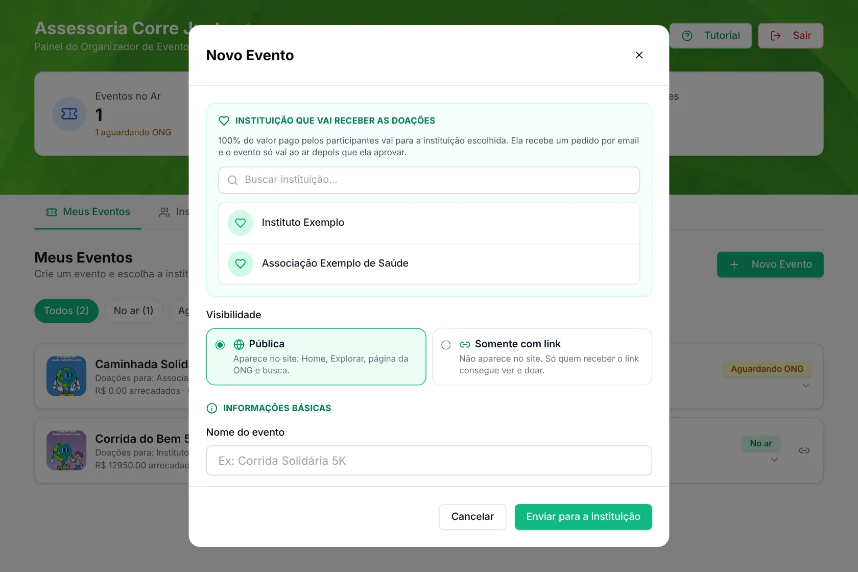 Painel do organizador: aba Novo evento